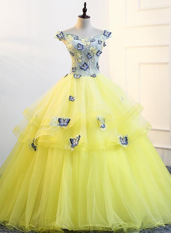 Beautiful Yellow Tulle Cap Sleeves Prom Dress, Ball Gown Sweet 16 Dress.pl5320