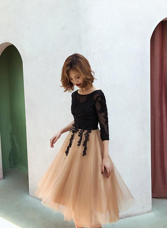 Lovely Champagne And Black Short Homecoming Dress, Short Sleeves Prom Dress.pl5322