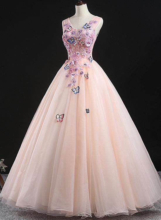 Charming Pink Flowers Ball Gown Long Sweet 16 Dress, Pink Prom Dress.pl5323