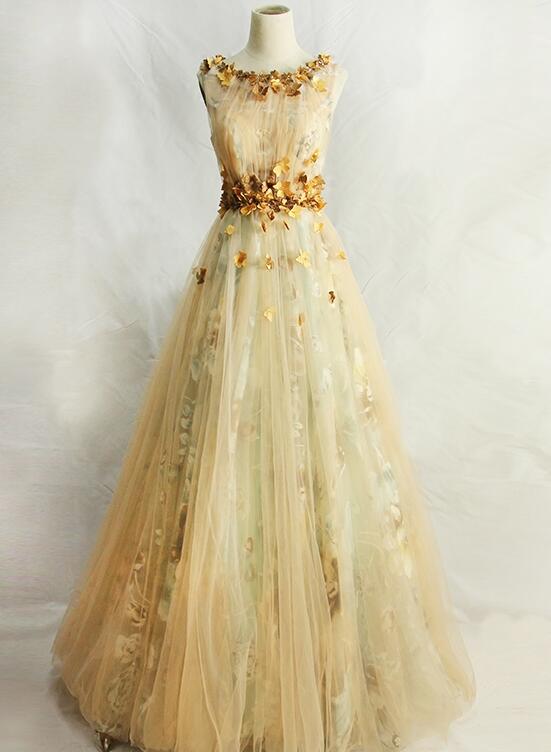Elegant Champagne Tulle Long Round Neckline Party Dress, Floral Party Dress,pl5324