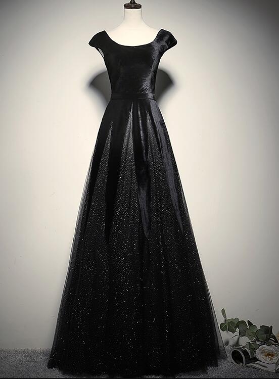 Elegant Black Velvet Cap Sleeves Evening Dress, Black Prom Dress.pl5327