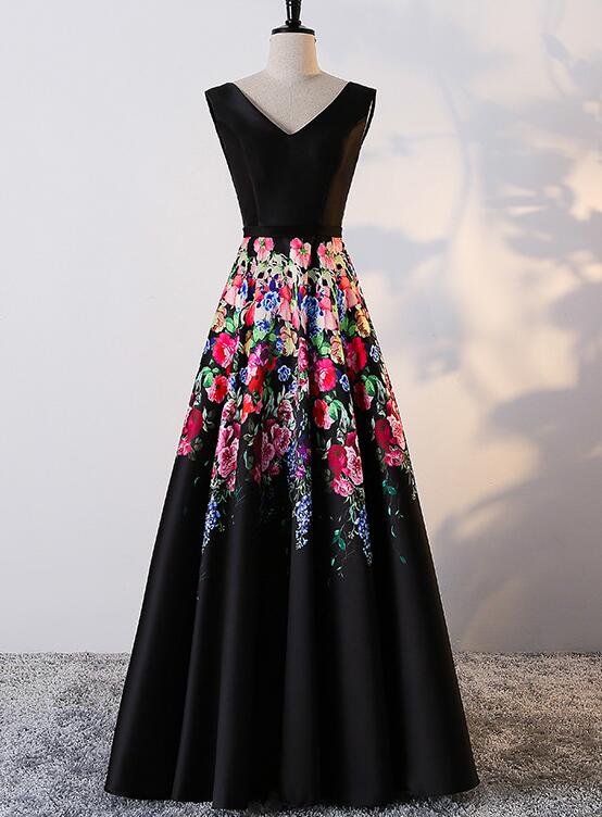 Black Floral Satin V-neckline Long Party Dress, Black Formal Dress.pl5332
