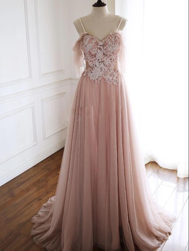 Charming Pink Off Shoulder A-line Tulle Floral Party Dress, Junior Prom Dress .pl5335