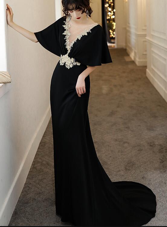 Sexy Black Spandex Long Formal Gown With Gold Applique, Black Prom Dress.pl5338
