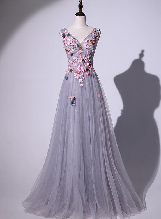 Elegant Handmade Grey Long Evening Gown, Grey Prom Dress .pl5340
