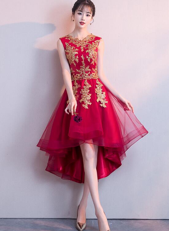 Adorable Wine Red High Low Homecoming Dress With Gold Applique, Cute Party Dress.pl5351