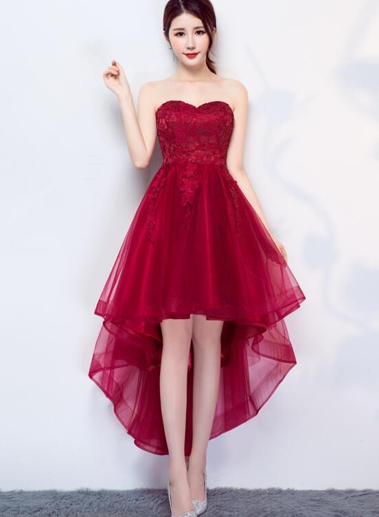 Dark Red Homecoming Dress 2022, Beautiful High Low Party Dress,pl5363