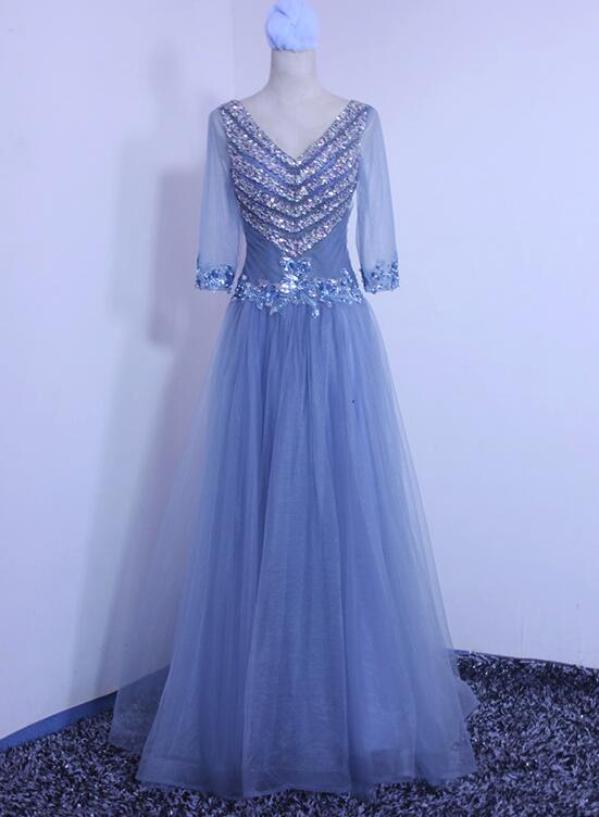 Beautiful Blue 1//2 Sleeves Beaded Tulle Evening Dress, Handmade Formal Dresses ,pl5375