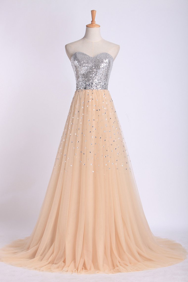 Sweetheart A Line Sweep Train Prom Dresses Tulle With Beads,pl5442