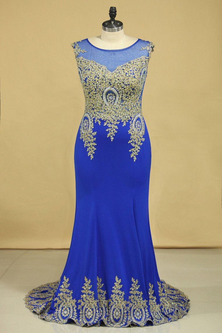 Dark Royal Blue Prom Dresses Scoop Mermaid With Applique Spandex Sweep Train Size ,pl5582