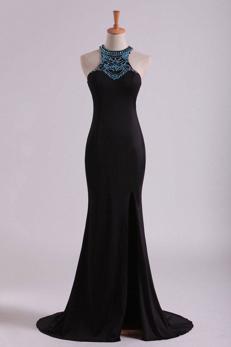 Black Scoop Column Prom Dresses Chiffon With Rhinestones & Beads Sweep Train,pl5596