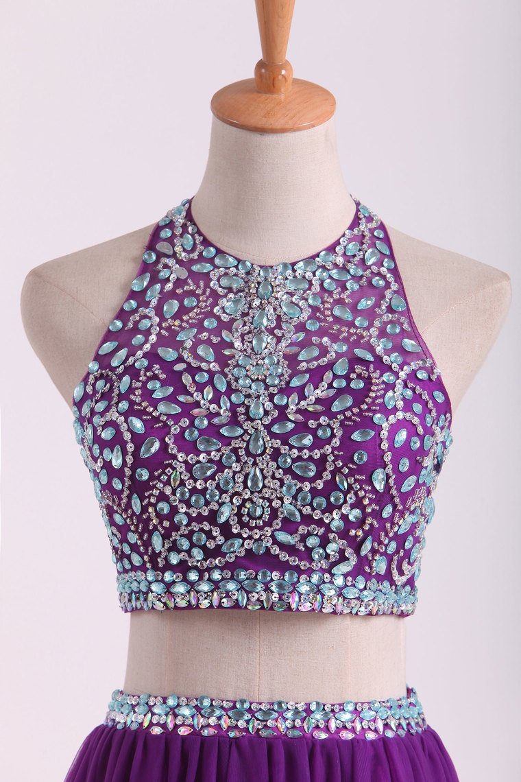 A-Line/Elegant Sleeveless Halter Tulle Beading Floor-Length Two Piece Prom Dresses main image 1