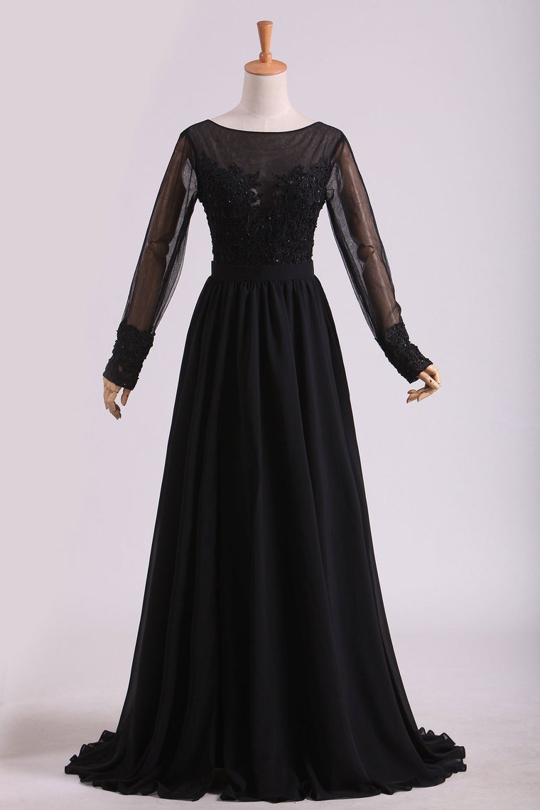 Black Evening Dresses Long Sleeves A Line Chiffon With Applique & Slit,pl5627