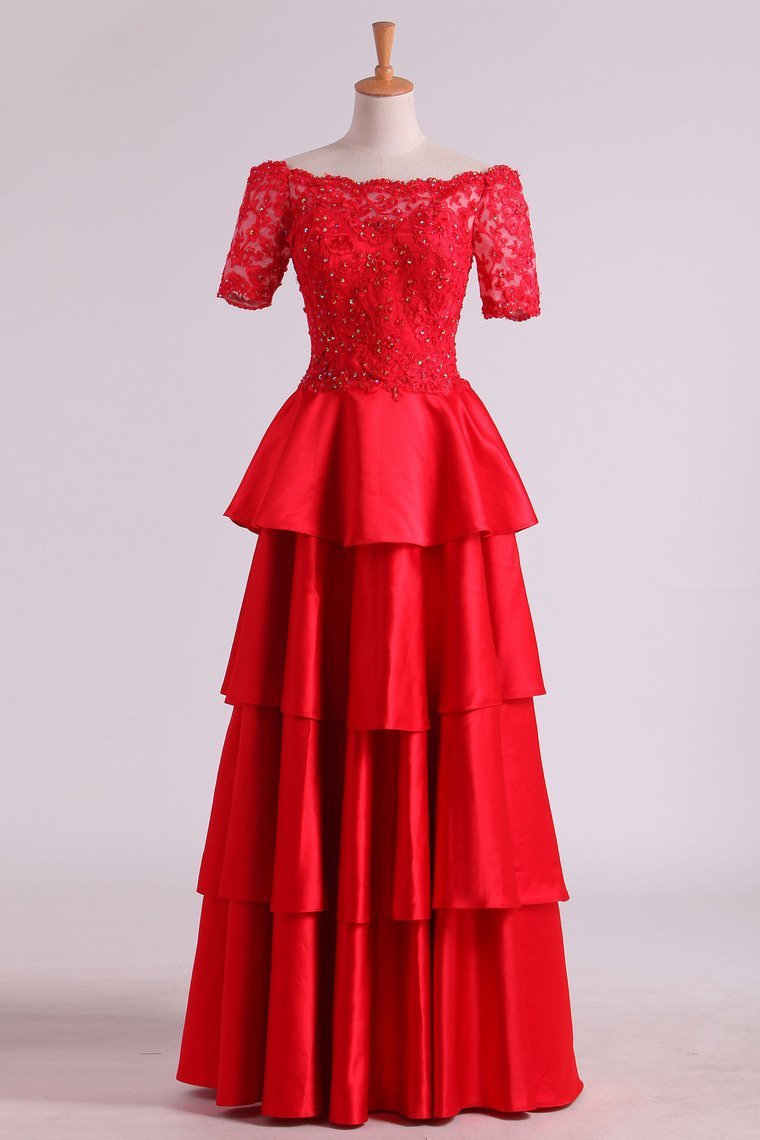 Boat Neck Short Sleeve Satin Prom Dresses A Line With Beading,pl5644 on