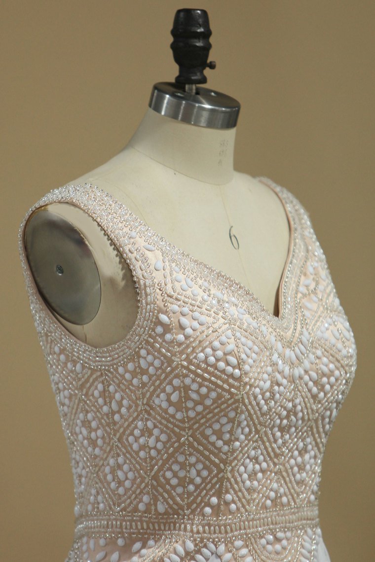 A Line V Neck Two Piece Mint Green Chiffon Beading Open Back Prom Dress LBQ2540 main image 1