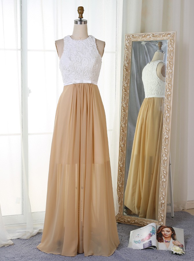 A-line Jewel Floor-length Champagne Chiffon Prom Dress With Appliques,pl5838