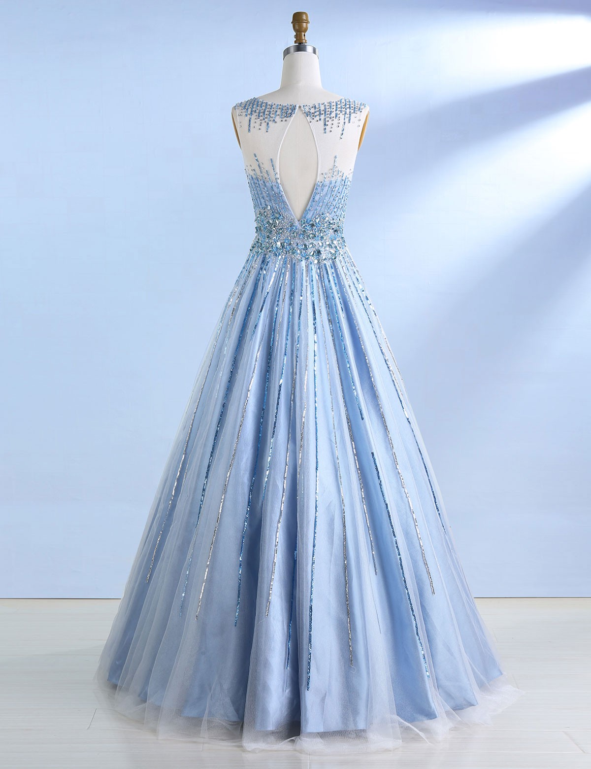A Line Tulle Bateau Backless Prom Dress with Ruffles LBQ0689