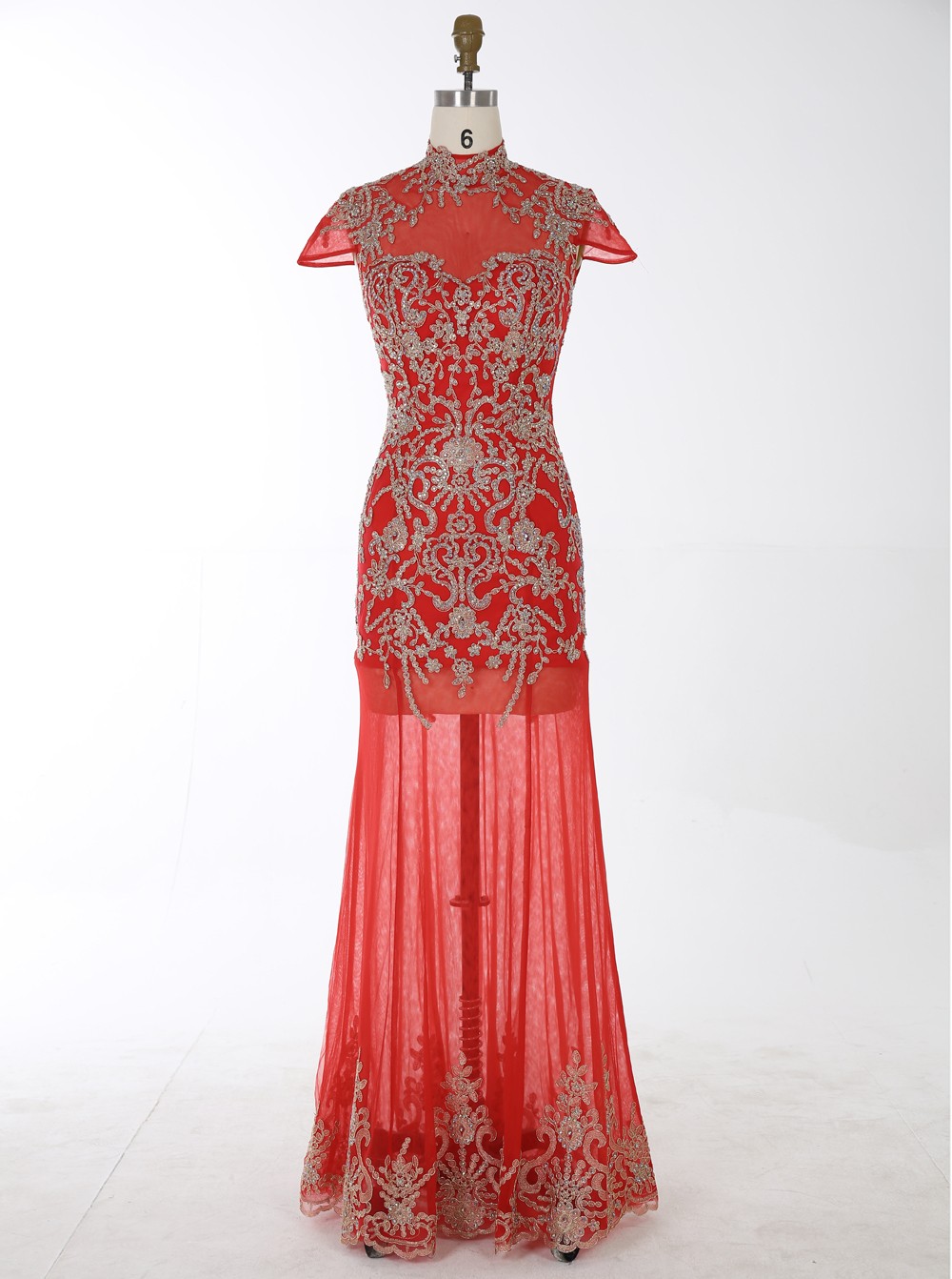 Mermaid High Neck Long Chiffon Cap Sleeves Backless Red Prom Dress With Beading Appliques,pl5858
