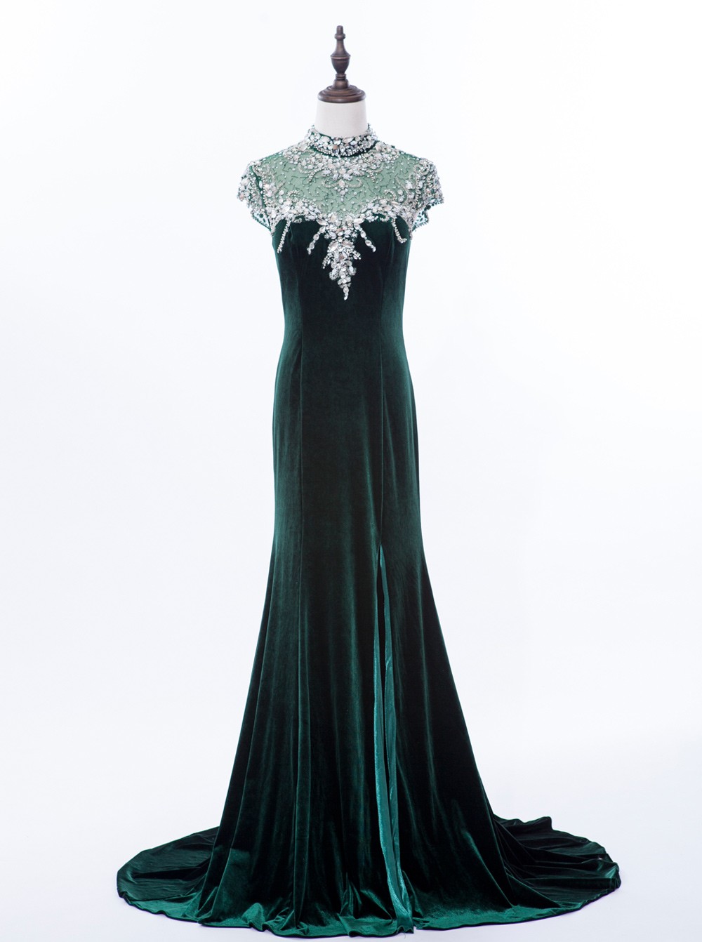 Mermaid High Neck Sweep Train Spandex Dark Green Prom Dress With Beading,pl5867