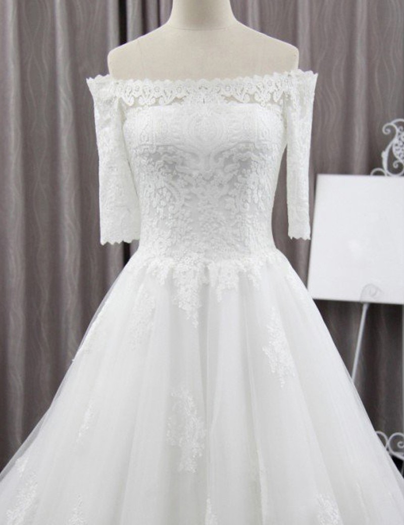 A-Line Appliqued Lace Off Shoulder Court Train Long Sleeves Wedding Dress