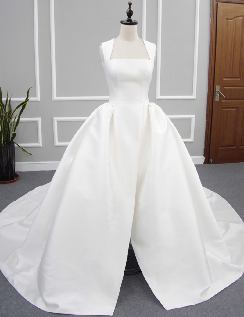Ball Gown Square Sleeveless Court Train Pleated Wedding Dress Open Back With Split,pl5885