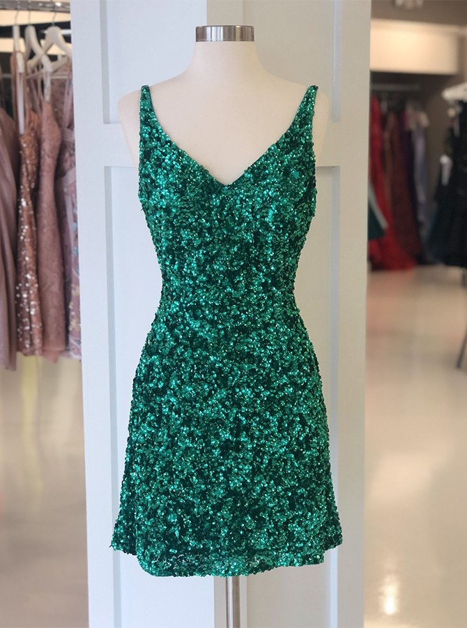 Sequin V-neck Green Homecoming Dress,pl5598