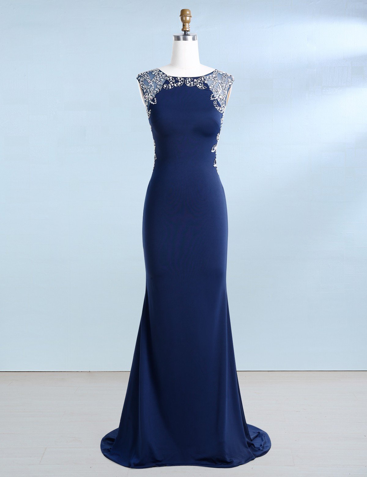 Sheath Bateau Illusion Back Elastic Satin Prom Dress With Beading Sequins,dr9567