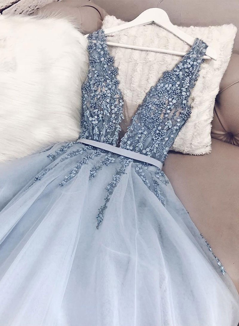 Blue V Neck Tulle Beads Long Prom Dress, Evening Dress,dr9535