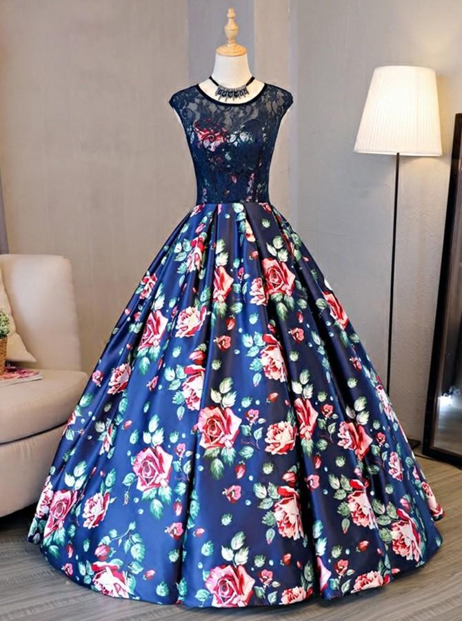 A-line Crew Sweep Train Open Back Royal Blue Printed Satin Prom Dress With Lace,dr9523