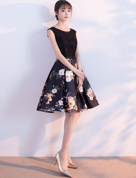 Cute Short Satin Floral Homecoming Dress With Lace, Black Short Party Dress