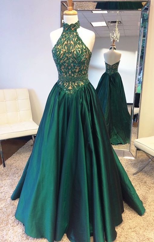 Hunter Green Prom Dress, Beaded Prom Dress, Halter Prom Dress, Backless Prom Dress, Elegant Prom Dress, A Line Prom Dress, Satin Prom Dress,