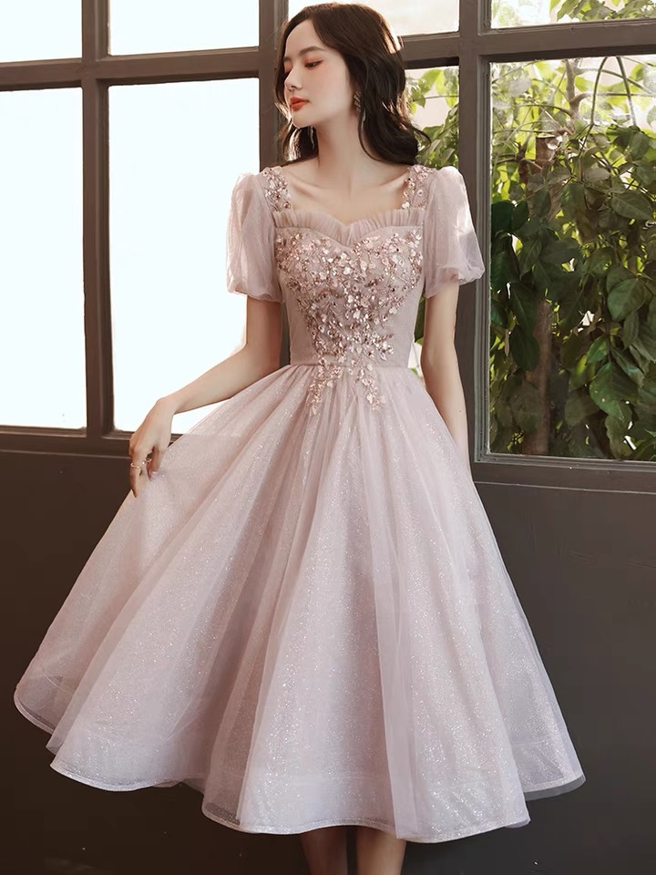 Square Collar Evening Dress, Pink Bridesmaid Dress, Sweet Birthday Dress,custom Made