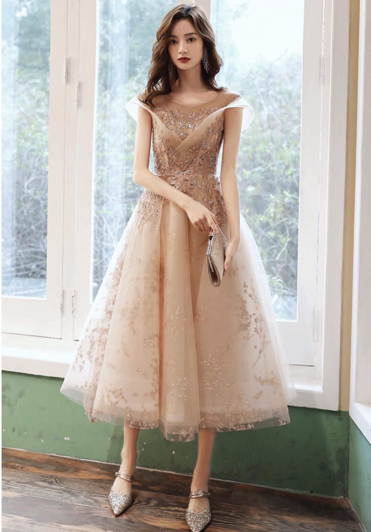 Champagne Evening Dress, Little Bridesmaid Dress,shiny Party Dress,custom Made