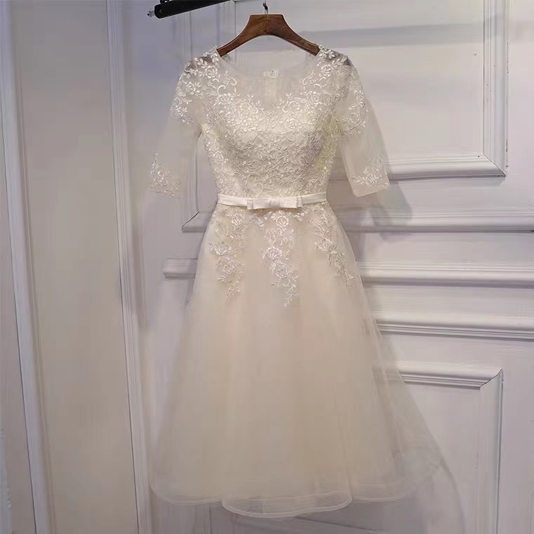 Mid-sleeved Evening Dress, Elegant Short Dress Bridesmaid Dress,champagne Party Dress,custom Made