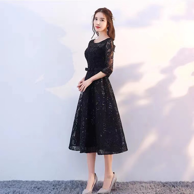 Mid-sleeve Evening Dress, Long Black Evening Dress, Lace Party Gown,custom Made