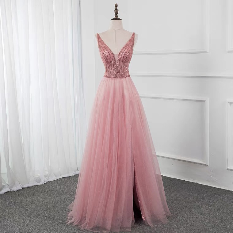 Pink Evening Dress, Temperament V-neck Prom Dress,beaded Party Dress,custom Made