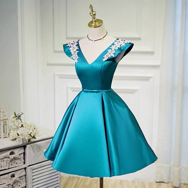 Blue Evening Dress, V-neck Cocktail Dress, Princess Homecoming Dress ,custom Made