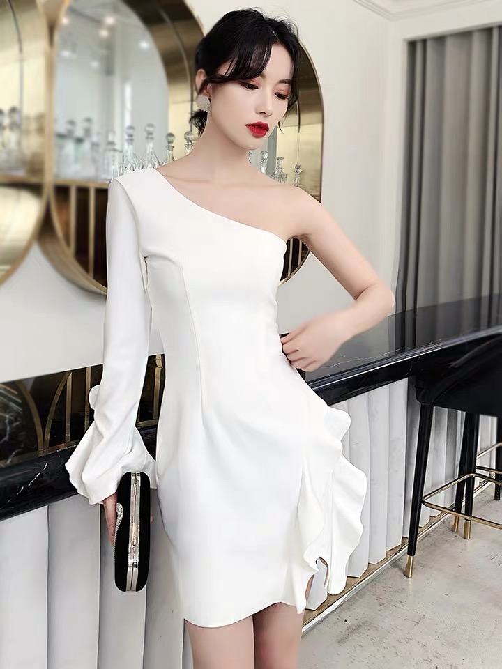 White Little Evening Dress, One-shoulder Prom Dress, Light Luxury Party Dress,custom Made