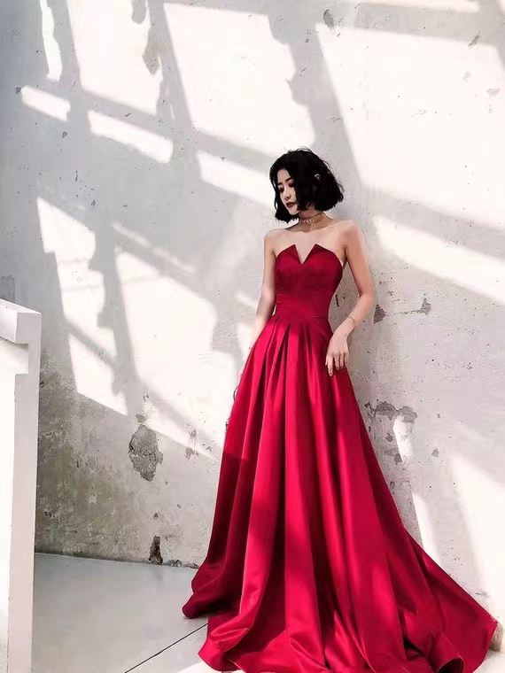 Red Prom Dress,strapless Party Dress,sexy Slit Evening Dress,custom Made