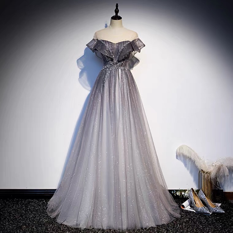 Grey starry prom dress, Hepburn style ,off shoulder beaded evening dress,Custom Made