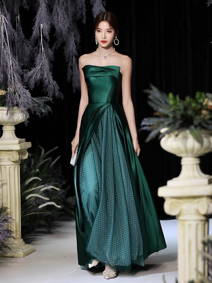 Green temperament evening dress, satin prom dress,strapless party dress,Custom Made