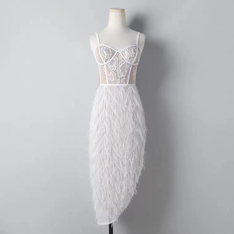 White spaghetti strap feather dress, summer, temperament, goddess dress,Custom Made