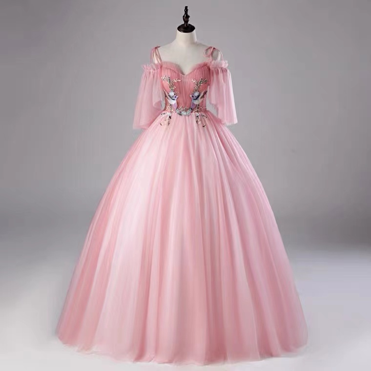Pink prom gown, off-the-shoulder party dress, pink ball gown,Custom Made