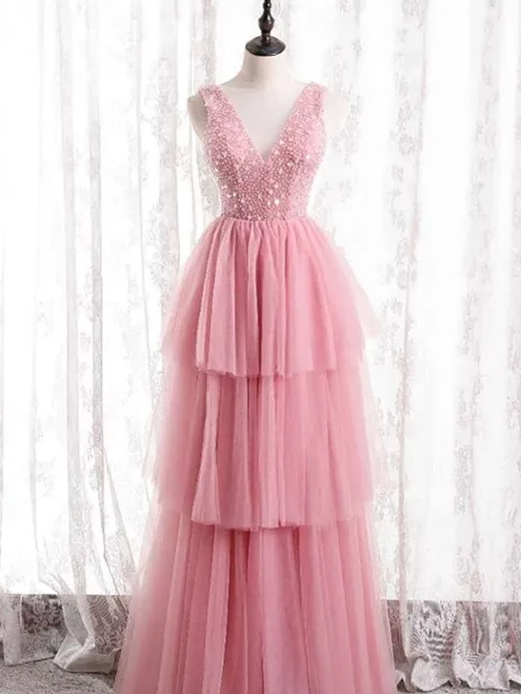 Pink Party Dress,V-Neck Formal Dress.Princess Cake Dress,Custom Made