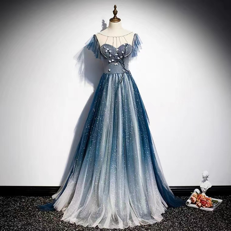 Style, High Class Prom Dress, Noble Fairy Dress, Blue Evening Dress,custom Made