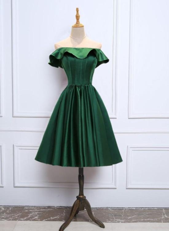 Green Satin Off Shoulder Knee Length Bridesmaid Dress, Green Party Dresses Prom Dress