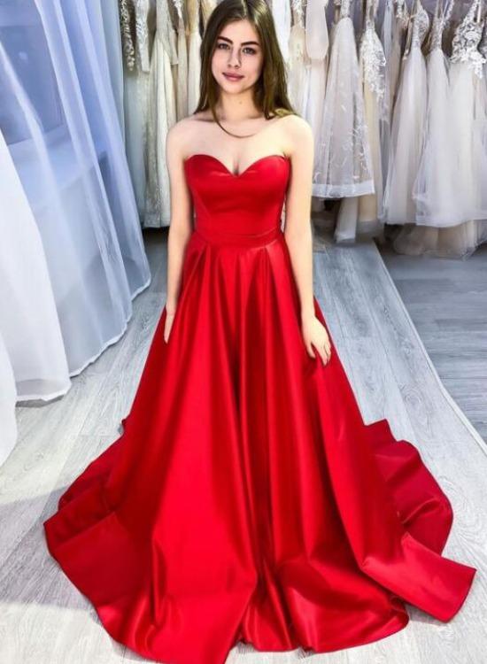 Red Satin Sweetheart Simple Long Prom Dress Party Dress, Red Formal Dresses