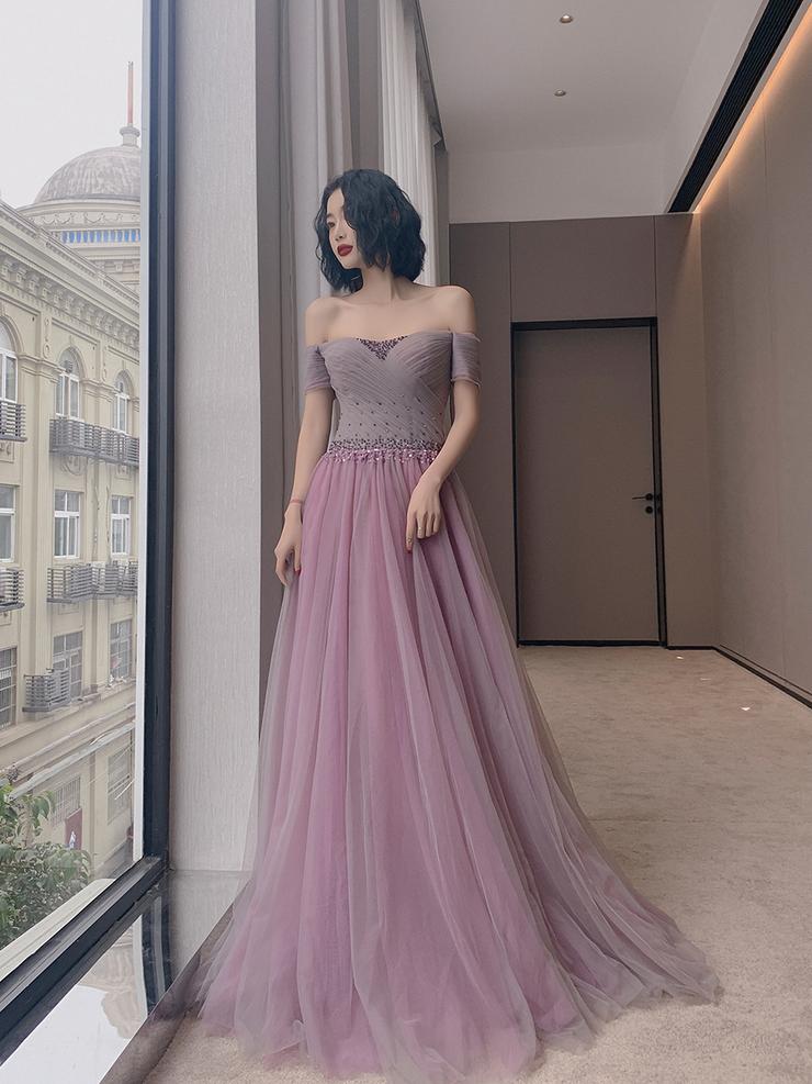 Purple Tulle Beaded Short Sleeves Long Party Dress Evening Dress, A-line Formal Dresses
