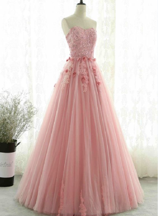 Pink Tulle Scoop Ball Gown Party Dress With Lace Flowers, Pink Sweet 16 Dresses