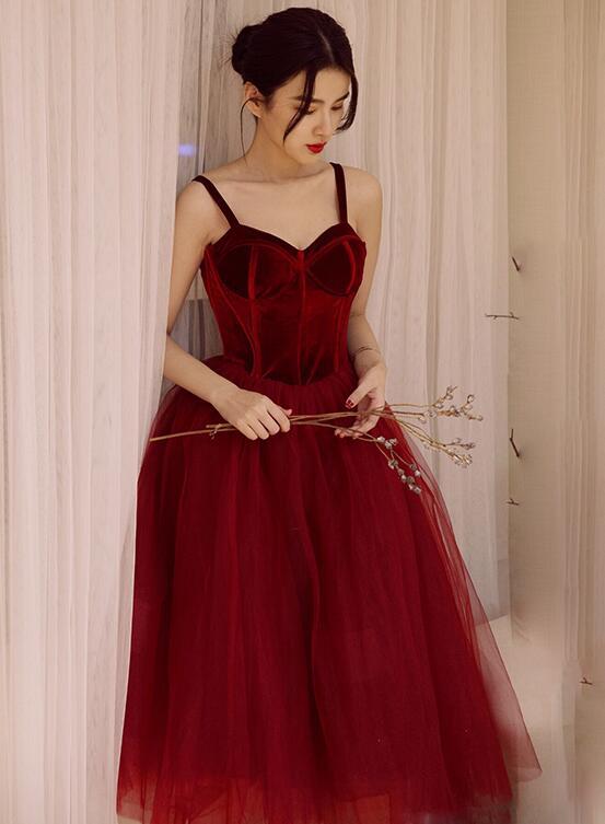 Wine Red Tea Length Velvet Top And Tulle Party Dress, Dark Red Straps Evening Dress